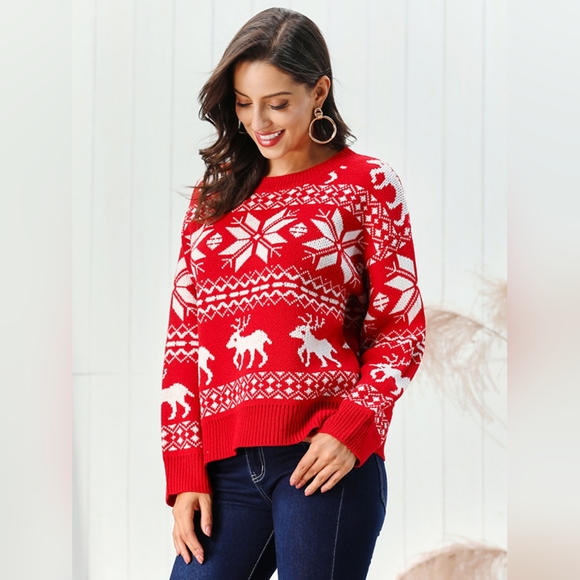 Fair Isle Snowflake Reindeer Knit Round Neck Classic Holiday Minimalist Sweater - Picture 5 of 7